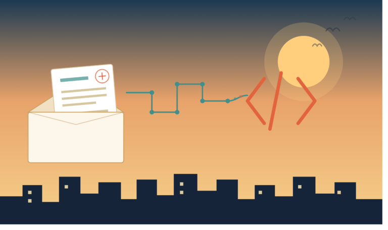 "Illustration of an opened NYSC posting letter transforming into circuit traces and code brackets, set against a Lagos sunrise skyline, symbolizing a journey from engineering into software engineering.